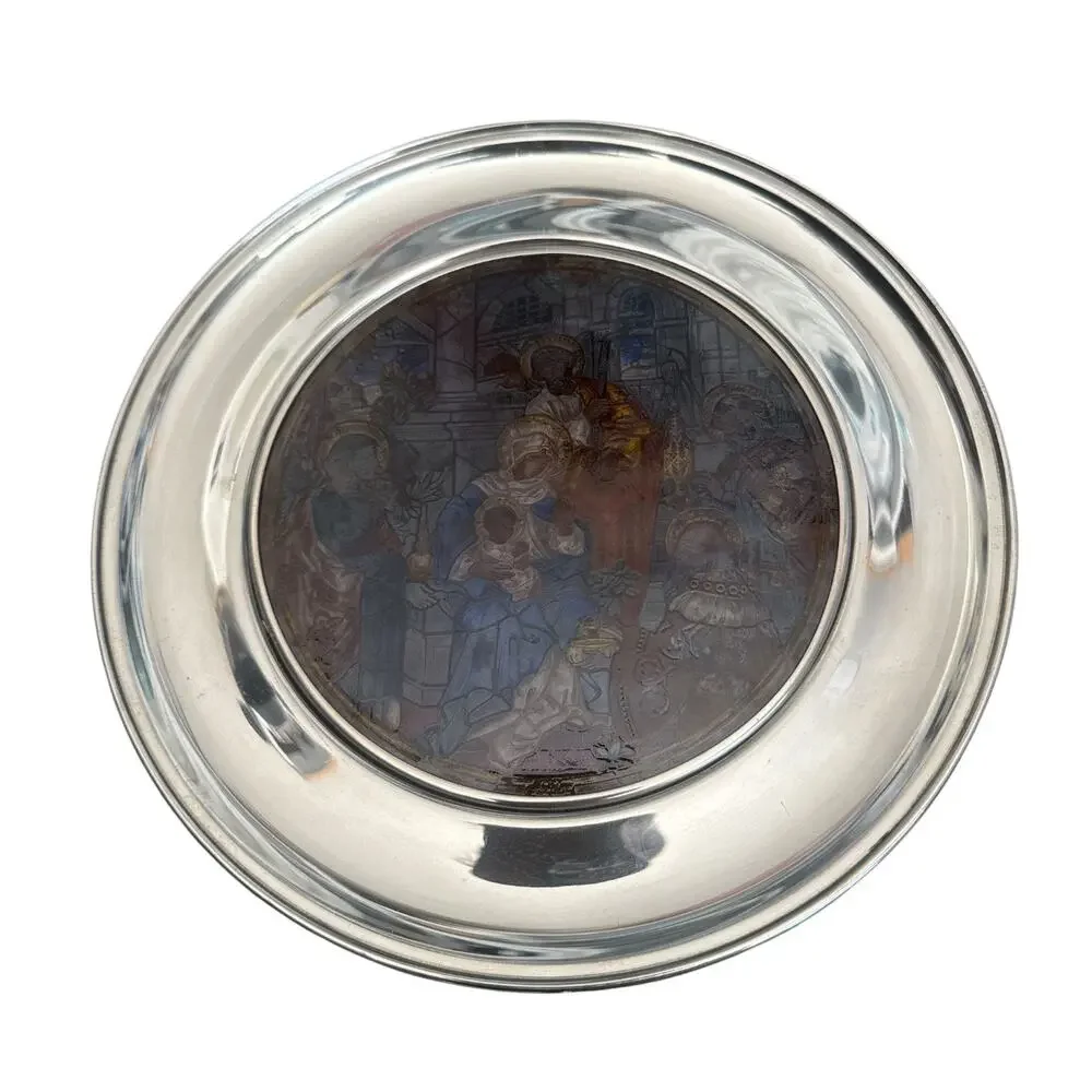 Vintage Hand Made Stained Glass Pewter Nativity Plate